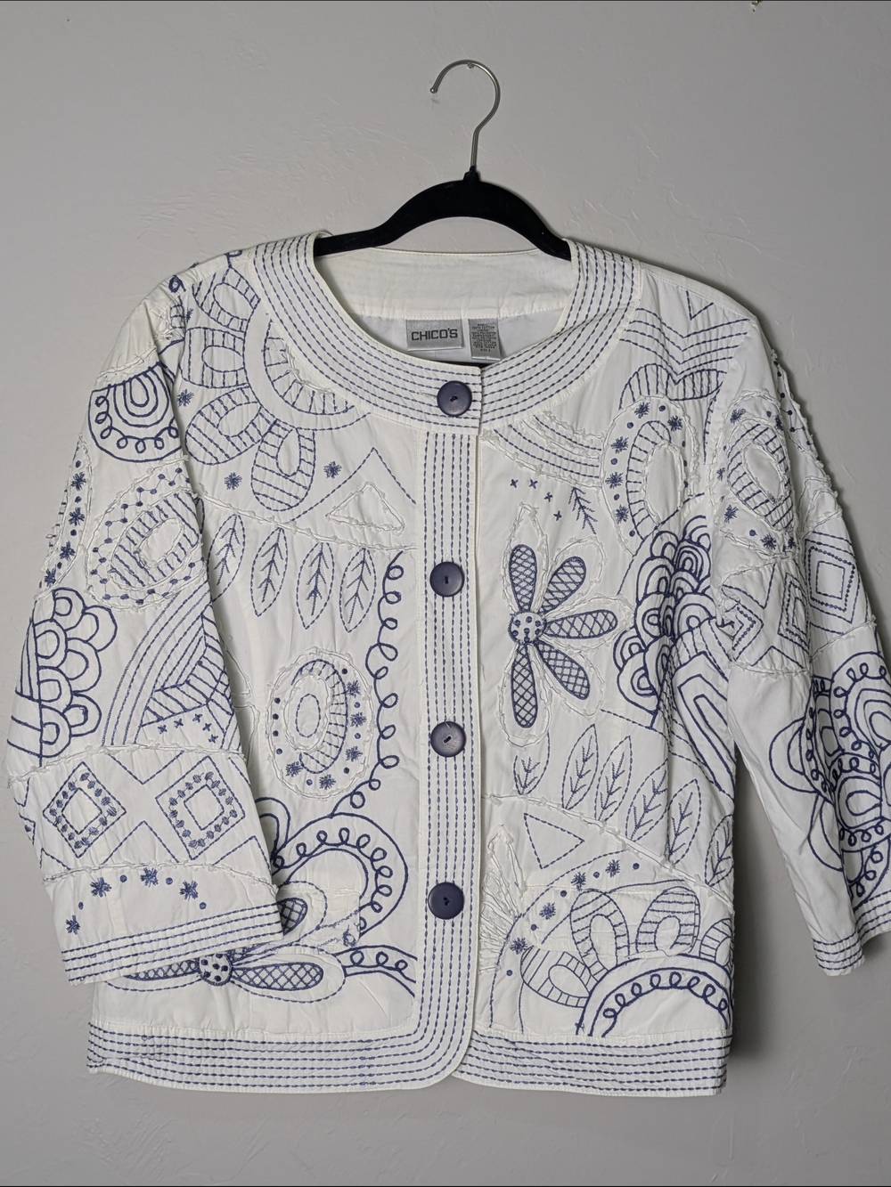 Chico's White Cotton Embroidered Jacket L Quilted Peasant GrandmaCore Patchwork